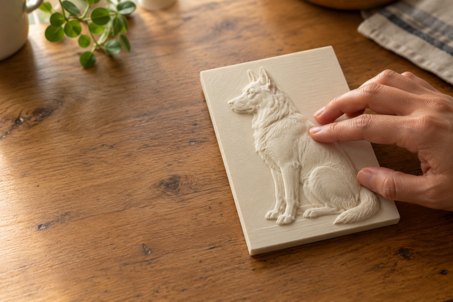 A hand touching a raised dog portrait on a pale tile.
